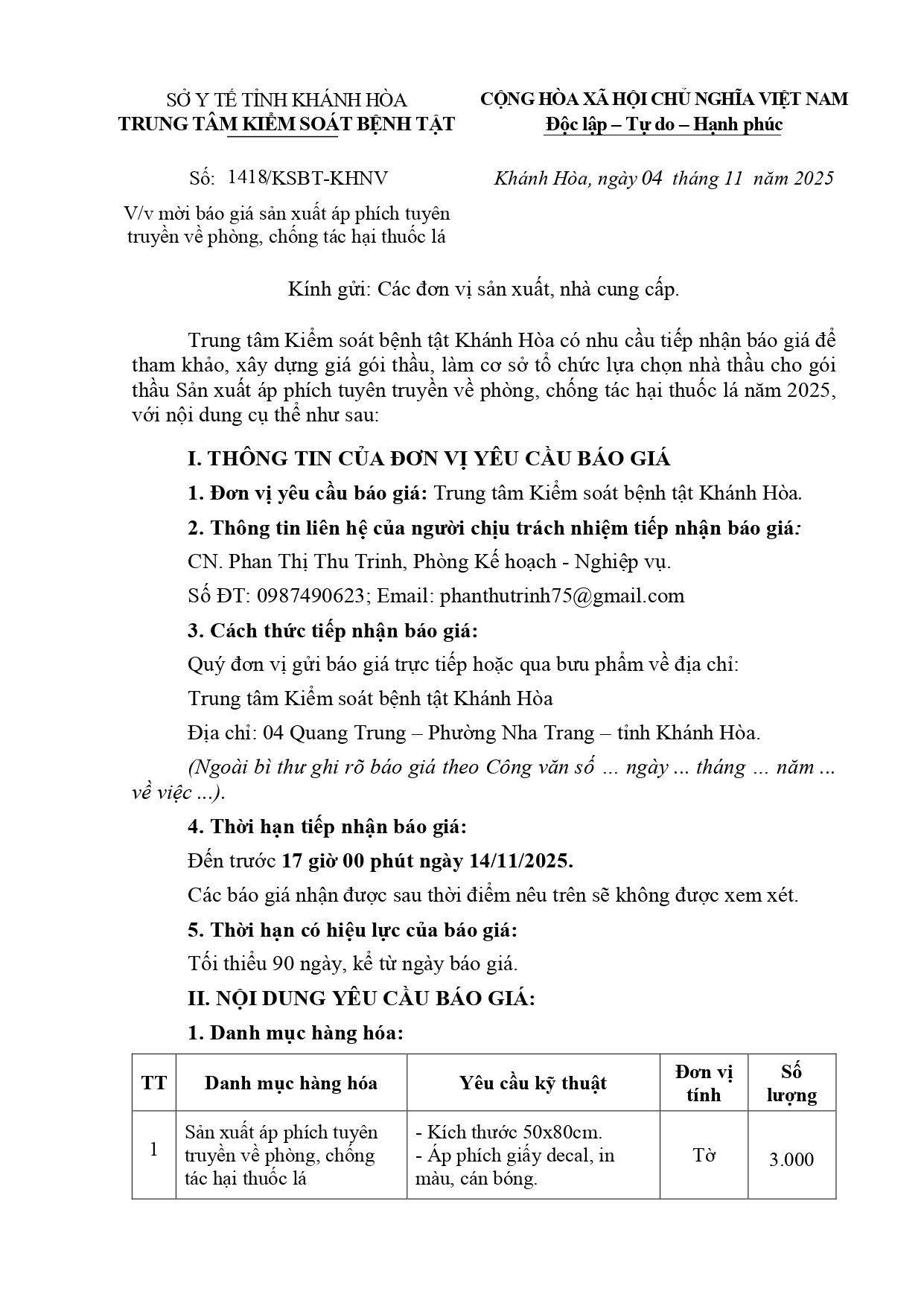 V/v mời báo giá sản xuất áp phích tuyên truyền về phòng, chống tác hại thuốc lá
